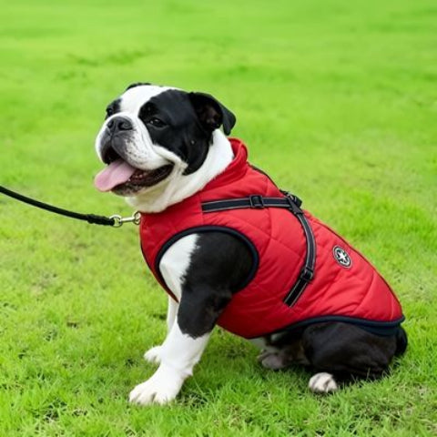 bulldog qui porte le harnais chien manteau d hiver rouge efficace