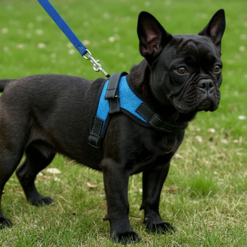 bulldog qui porte le harnais chien sangle de poitrine bleu robuste