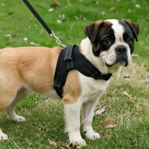 bulldog qui porte le harnais chien sangle de poitrine noir elegant
