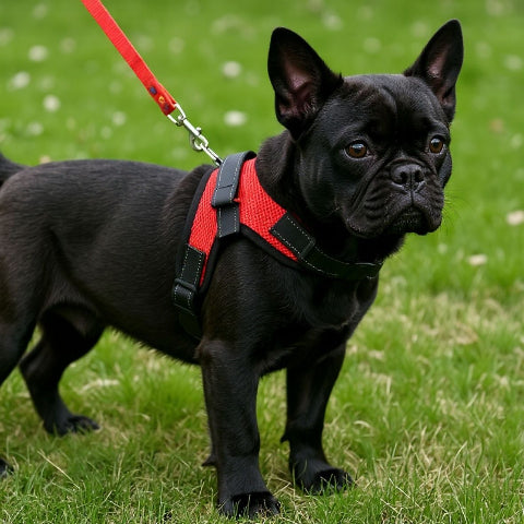 bulldog qui porte le harnais chien sangle de poitrine rouge essentiel