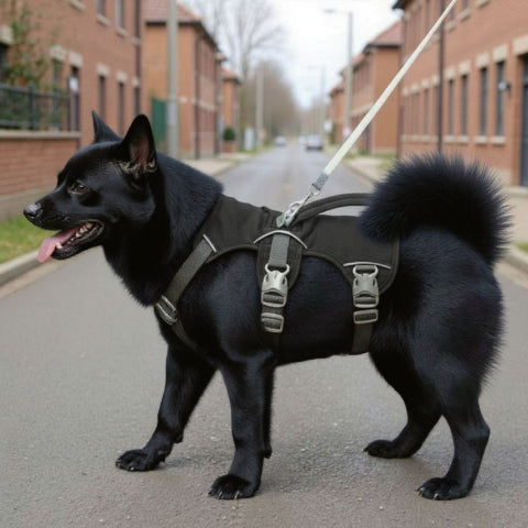 bulldogqui porte le harnais chien triple sangle de poitrine noir essentiel