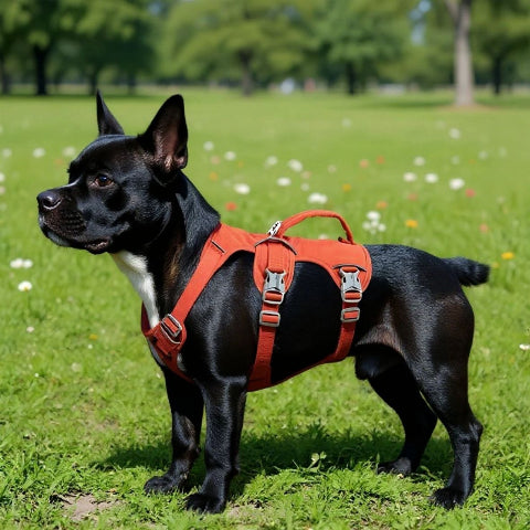 bulldog qui porte le harnais chien triple sangle de poitrine orange pratique