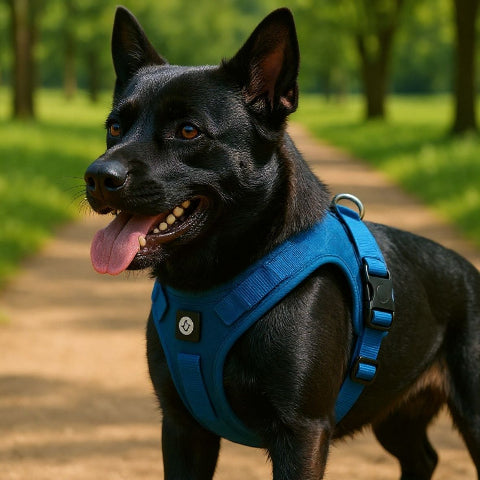 bulldog qui porte le harnais chien veste  tactique bleu efficace