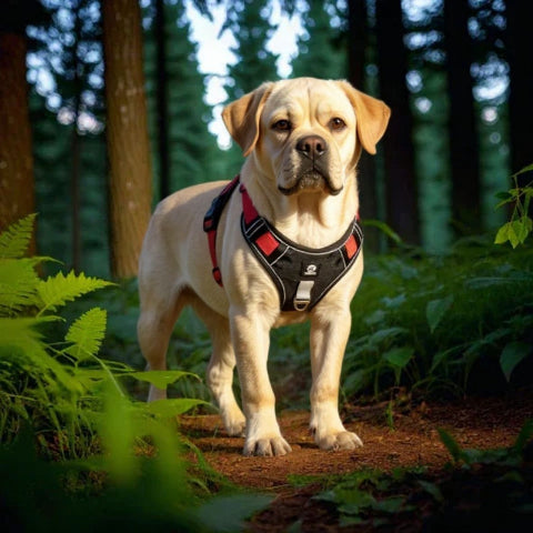 bulldog qui porte le harnais chien veste  tactique rouge noir pratique