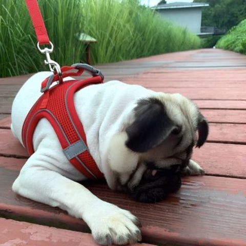bulldog qui porte le harnais petit chien rose en maille tres oli
