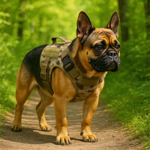 bulldog qui porte le harnais pour chien tacticontrol camouflage securitaire