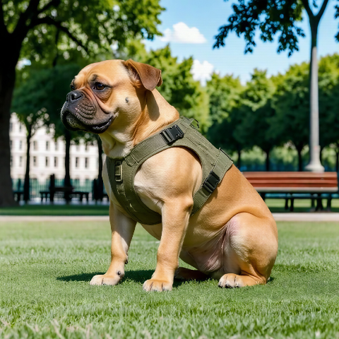 bulldog qui porte le harnais pour chien tacticontrol vert pratique