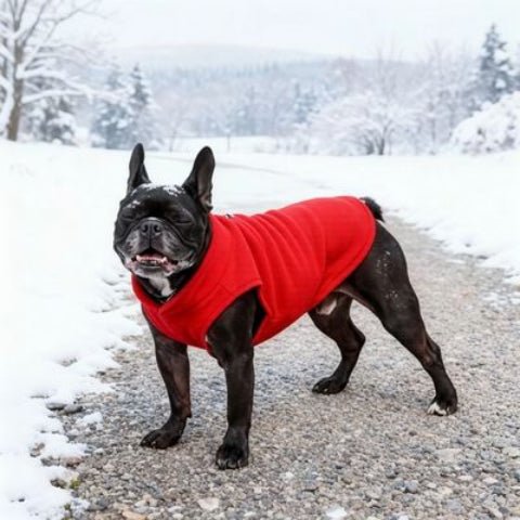 bulldog qui porte le manteau chien confort rouge dans la neige