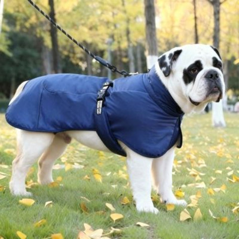bulldog qui porte le manteau chien impermeable bleu