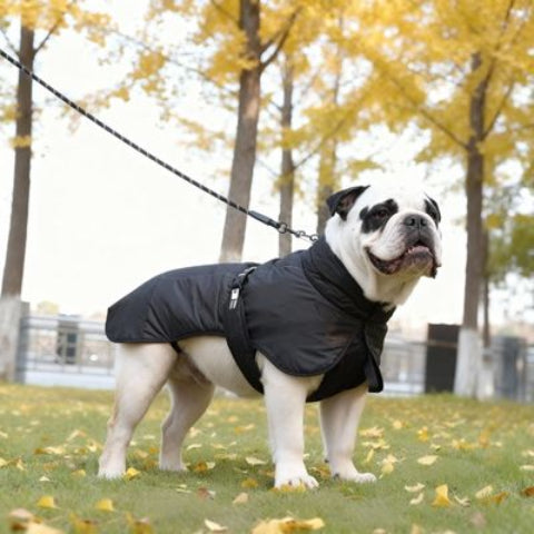 bulldog qui porte le manteau chien impermeable noir