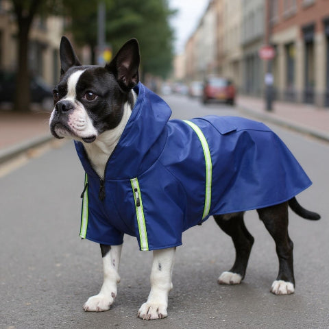 bulldog qui porte le manteau pour chien glowcape bleu robuste