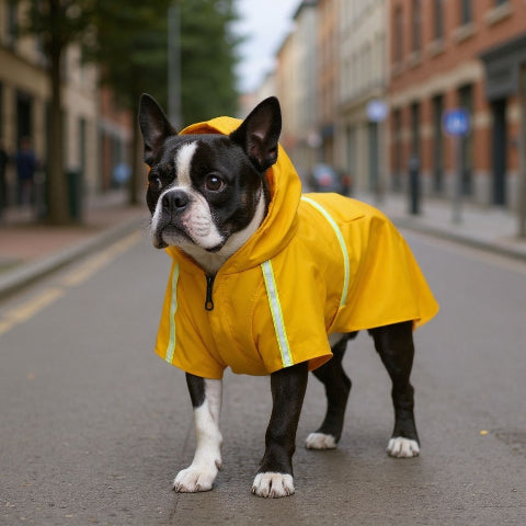 bulldog qui porte le manteau pour chien glowcape jaune coupe vent