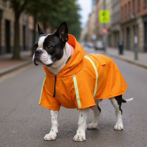 bulldog qui porte le manteau pour chien glowcape orange mignon