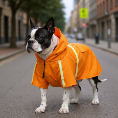 bulldog qui porte le manteau pour chien glowcape orange mignon