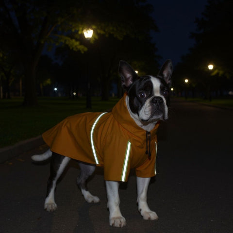 bulldog qui porte le manteau pour chien glowcape orangevisible la nuit