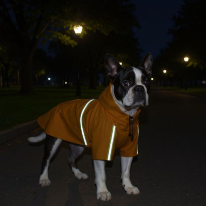bulldog qui porte le manteau pour chien glowcape orangevisible la nuit
