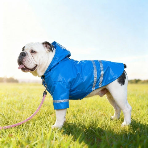 bulldog qui porte le manteau pour chien impermeable bleu magique