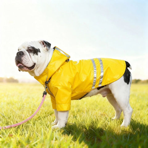 bulldog qui porte le manteau pour chien impermeable jaune chic