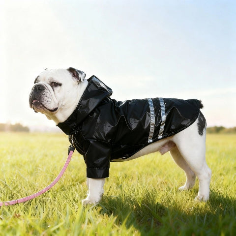 bulldog qui porte le manteau pour chien impermeable noir adorable