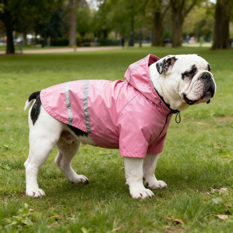 bulldog qui porte le manteau pour chien impermeable rose elegant