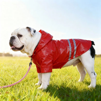 bulldog qui porte le manteau pour chien impermeable rouge de bonne qualite