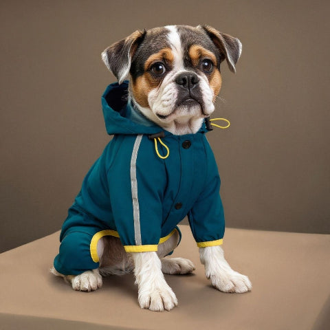 bulldog qui porte le manteau pour chien raincoat bleu brillant