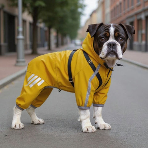 bulldog qui porte le manteau pour raincoat jaune lumineux