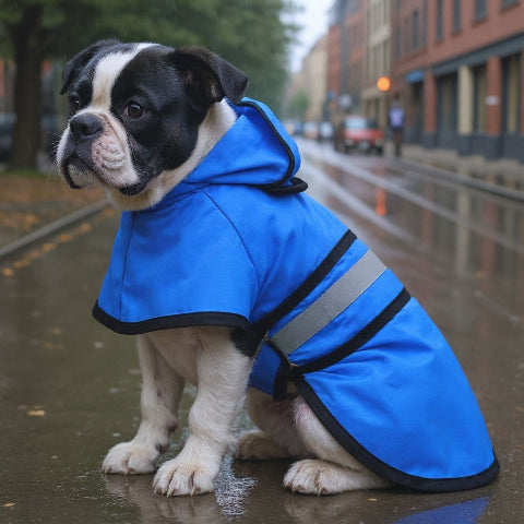 bulldog qui porte le manteau pour chien rainproof bleu