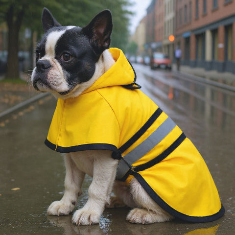 bulldog qui porte le manteau pour chien rainproof jaune