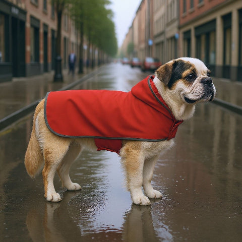 bulldog qui porte le manteau pour chien wetguard rouge magnifique