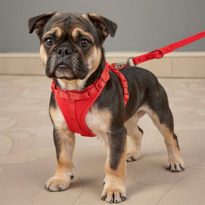 bulldog qui porte le harnais anti traction chien rouge essentiel