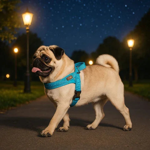 bulldog qui se promene dans un parc la nuit en portant le harnais chien anti traction vert