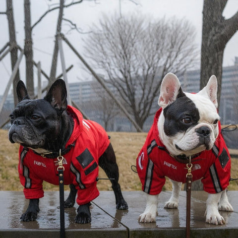 bulldogs qui portent le manteau pour chien the dog face rouge dans la rue