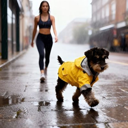 chien qui porte l impermeable pour chien jaune dans la pluie