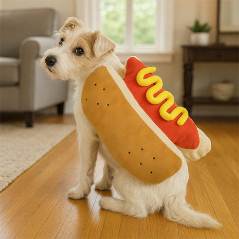 chien qui porte le deguisement chien hot dog joli