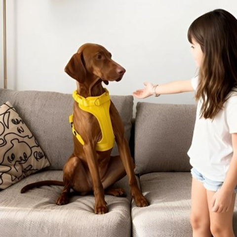 chien qui porte le harnais anti traction chien jaune beau