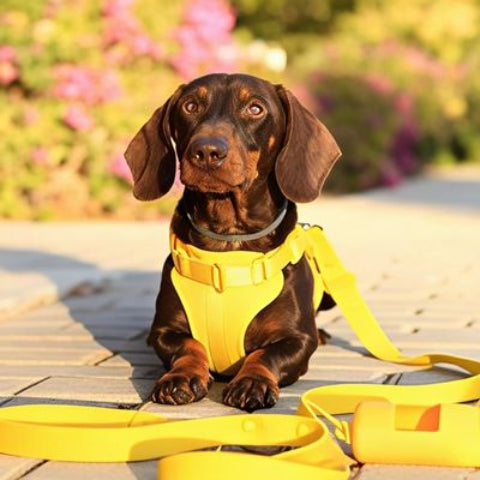 chien qui porte le harnais anti traction chien jaune superbe