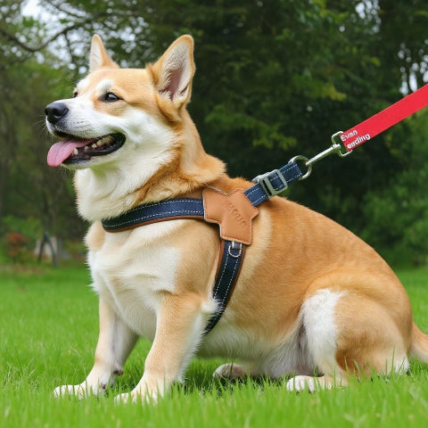 chien qui porte le harnais anti  traction chien sangle de poitrine bleu essentiel