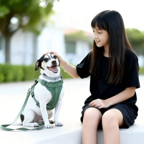 chien qui porte le harnais anti traction chien vert essentiel