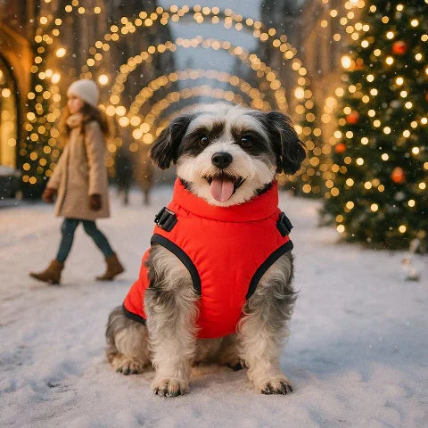 chien qui porte le harnais chien hiver rouge joli
