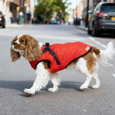 chien qui porte le harnais chien hiver rouge trop mignon