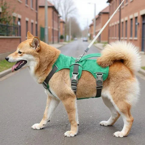 chien qui porte le harnais chien triple sangle avec poignee vert