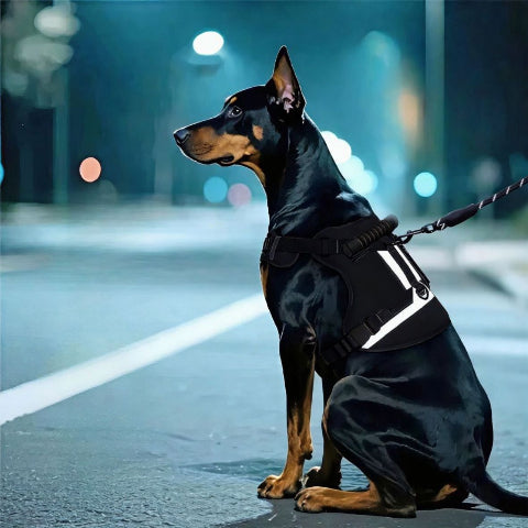 chien qui porte le harnais militaire nightsafe noir