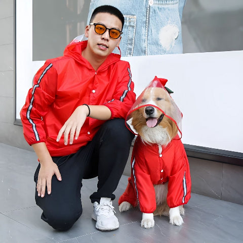 chien qui porte le manteau pour chien pluvinou rouge joli avec son proprieatire