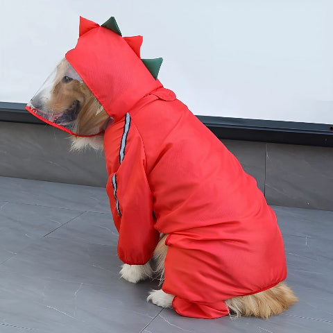 chien qui porte le manteau pour chien pluvinou rouge propre