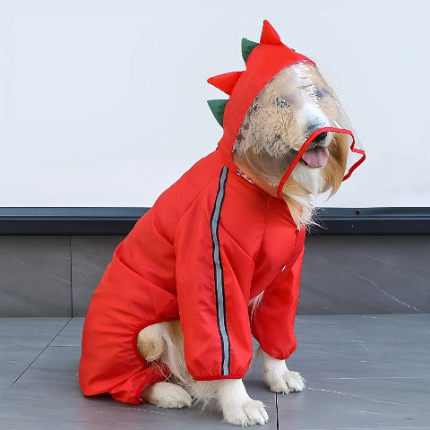 chien qui porte le manteau pour chien pluvinou rouge respirant