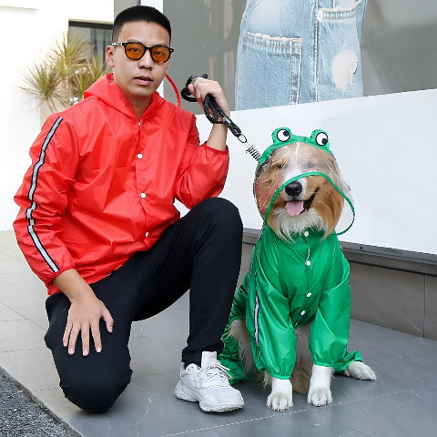 chien qui porte le manteau pour chien pluvinou vert avec son proprietaire