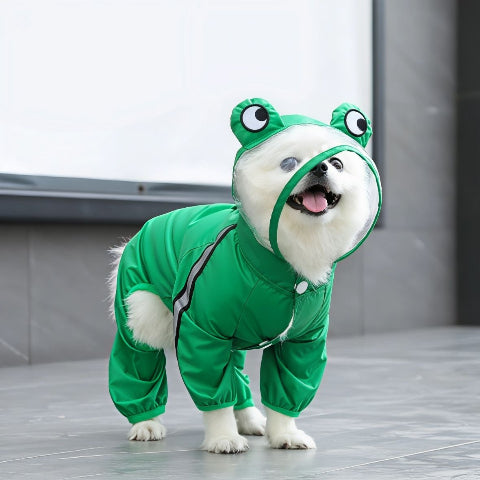 chien qui porte le manteau pour chien pluvinou vert mignon