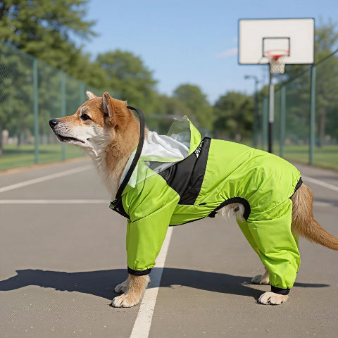 chien qui porte le manteau pour chien safepet vert pratique