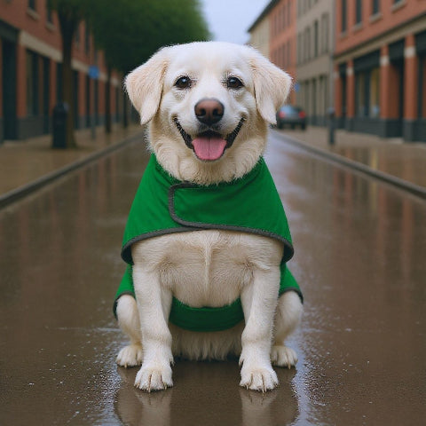 chien qui porte le manteau pour chien wetguard vert confortable